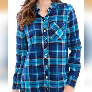 NWT Woolrich Blue Plaid Long Sleeve Button Up Flannel Shirt Womens Small Pocket